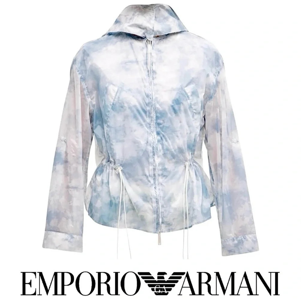 Like New Emporio Armani cloud-print hooded windbreaker jacket blue white sz 44 - Picture 1 of 17